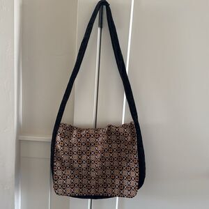 Patterned & Black Messenger Shoulder Bag Crossbody Flap Over Closure Casual EUC